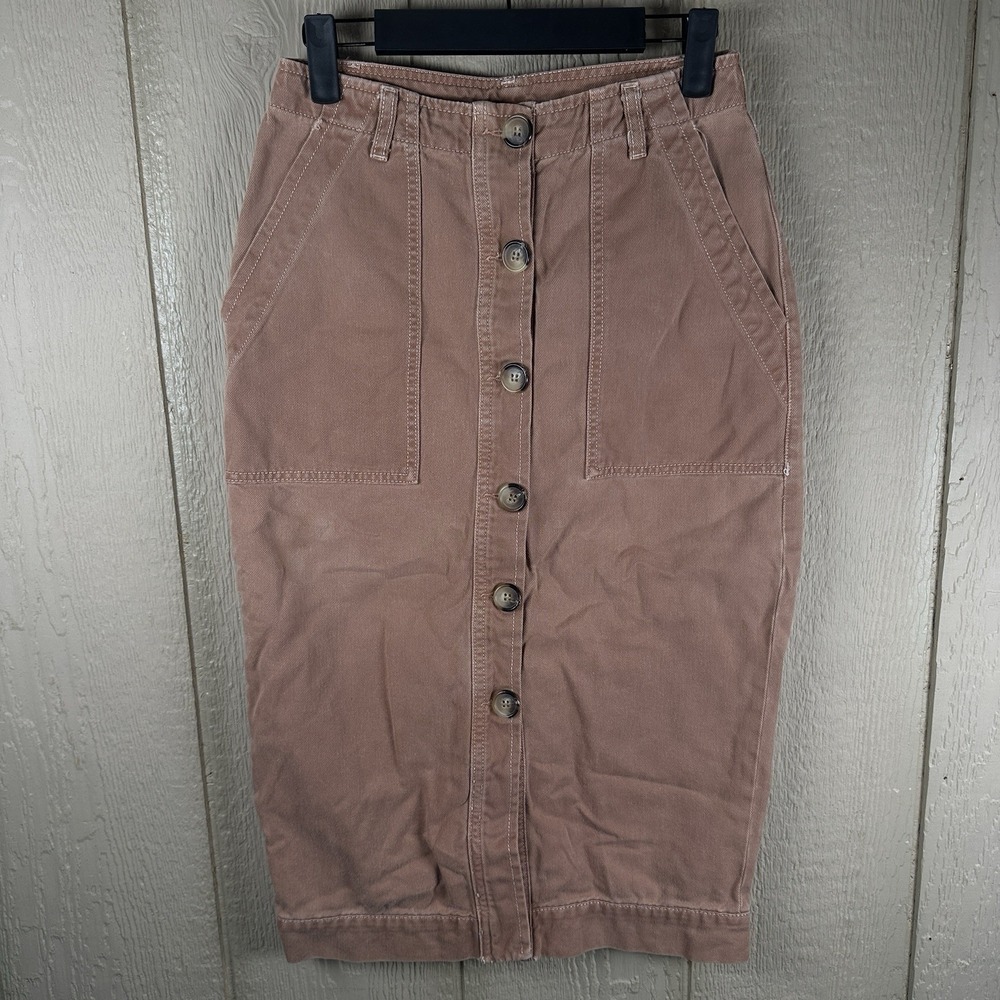 Free People Skirt Womens 6 Brown Midi Button Front Split Hem Boho Festival Chic
